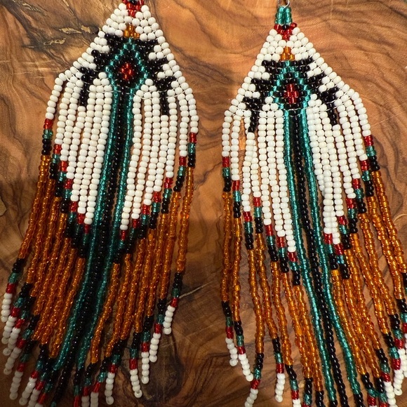 Handcrafted Beaded Earrings in Green and Gold - Picture 3 of 3